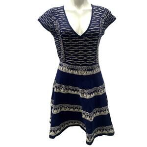 WOW Couture Women’s Metallic Knit Fit Flare Dress XL Navy Gold Glam